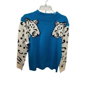 Womens Blue Leopard Intarsia Knit Sweater Animal Print Long Sleeve Crewneck XL